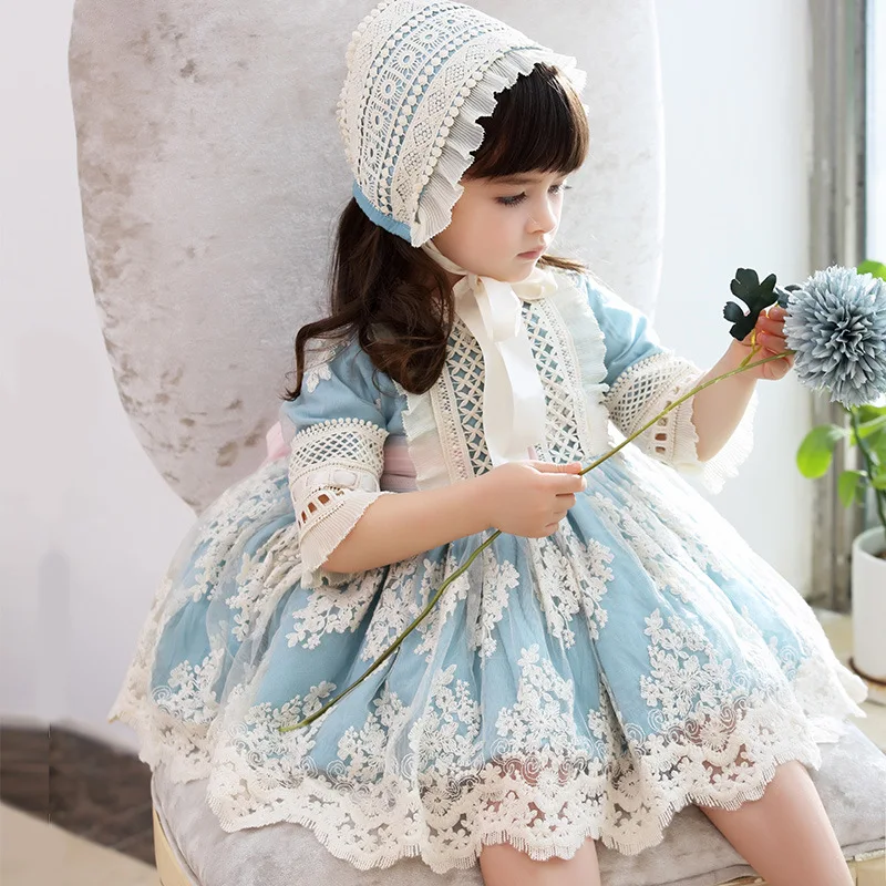 

D7296# Baby Girls Clothes Lace Print Vintage Spanish Lolita Dress Birthday Party Cute Dress for Girls