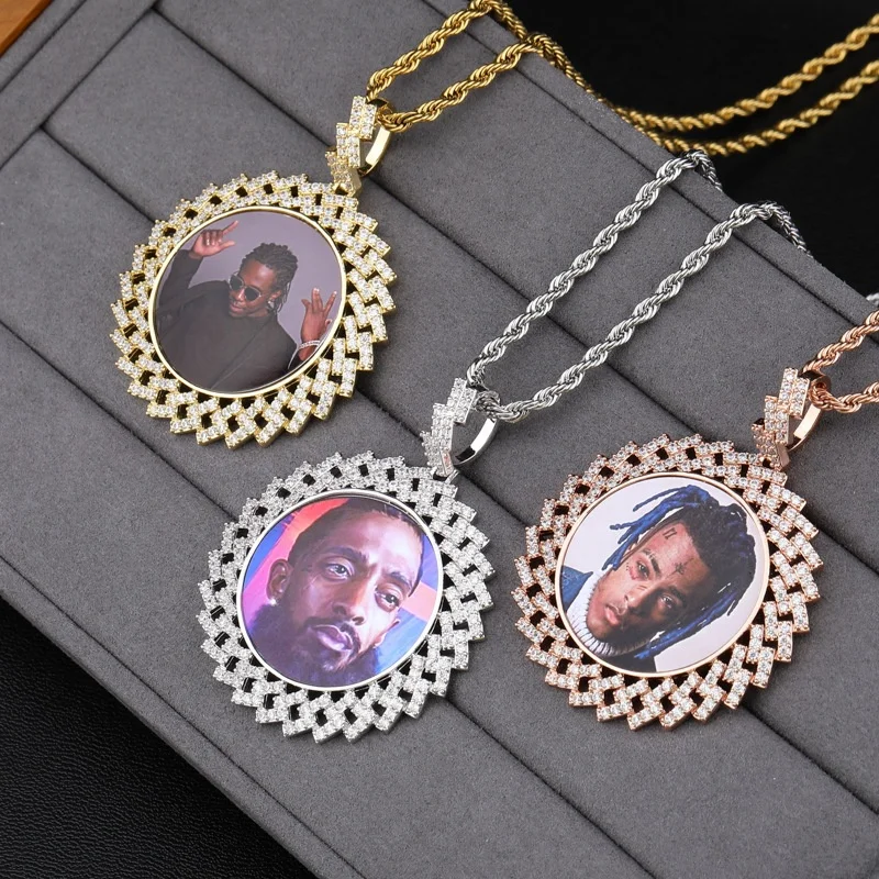 

Customized Cubic Zirconia Photo Medallion Bling Bling Charm Personality Necklace Picture Memory Pendant Necklace Hip Hop Jewelry, Color,silver,rose