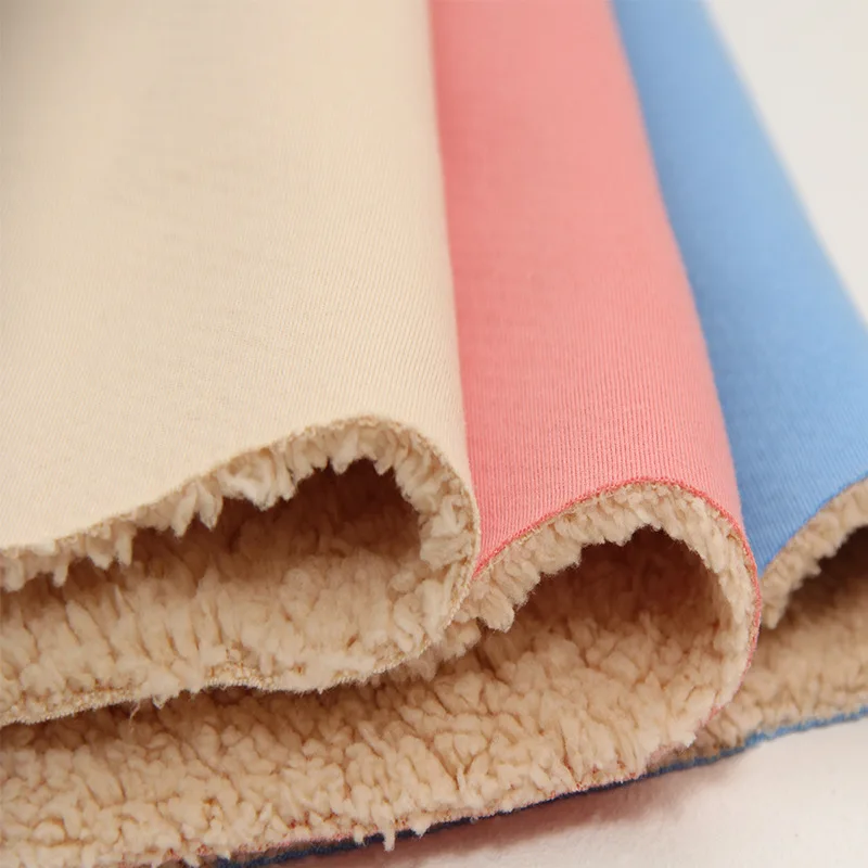 

Wholesale 420 GSM knitted polyester sherpa cotton jersey bonded fabric warm hoodies clothing