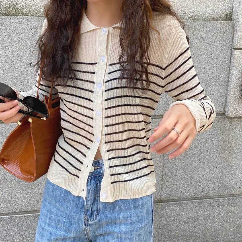

fashion new retro polo collar classic striped sweater single button cardigan women