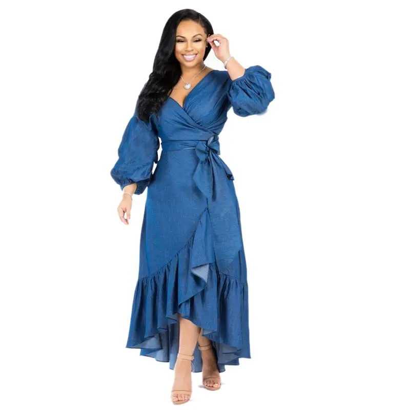 

New Blue Women Nine Points Sleeve A Line Ruffle Hem Dress V Neck Dress Lantern Sleeve Women Dress EDF0617