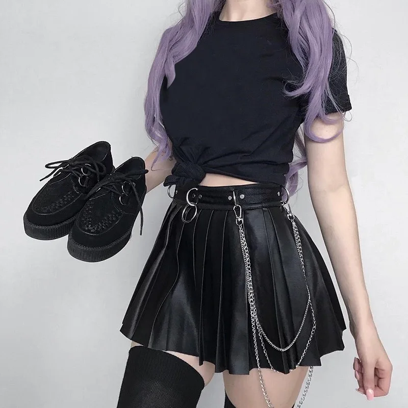 

hot sale sexy summer punk style pleated leather high waist women's mini skirts, Shown