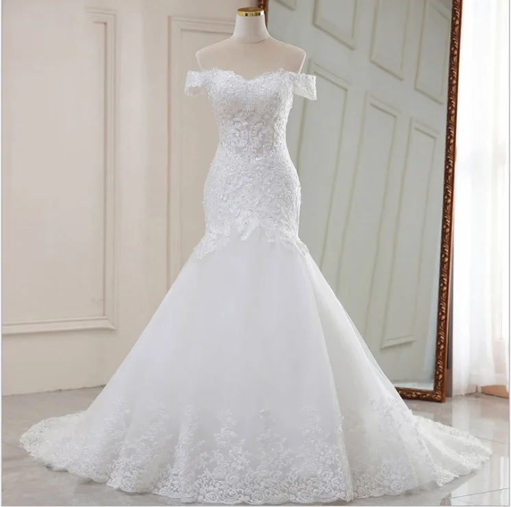 

2021 Short Sleeve Wedding Gown Bride Vestido De Noiva White Lace Mermaid Wedding Dress