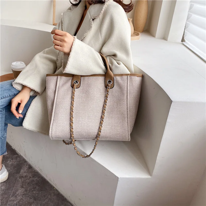 

High capacity solid color retro Fashion Luxury designer canvas ladies casual Chain Shoulder shopping handbagwomen tote bag