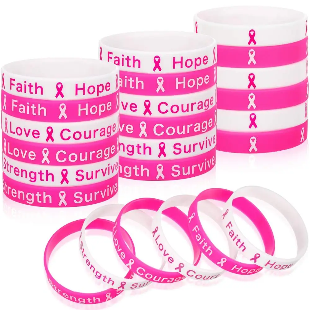 

Pink Ribbon Bracelets Breast Cancer Awareness Wristbands Silicone Stretch Bracelets with Motivational Messages, Any pantone colors