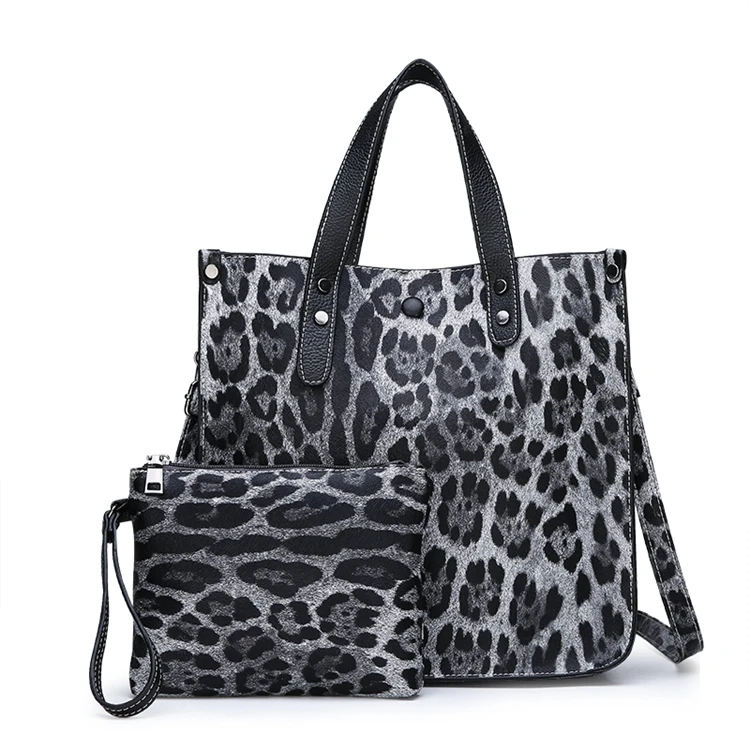 

2021 Factory Supply Pu Leather Tote Bag 2 Piece Set Leopard Print Handbag with Custom Logo, As picture