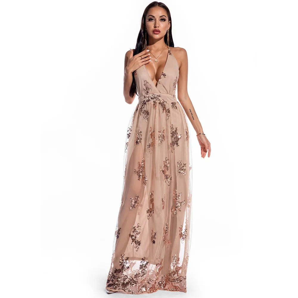 

Elegant Women Ladies Apricot Tassel Long Sleeve Backless Slip Dresses Party Maxi Sequin Evening Dress