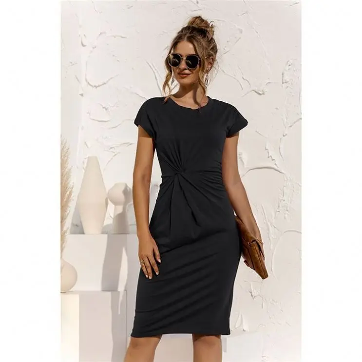 

Hot Sale Women Fashion Short Sleeve Bodycon Dress Solid Color Twisted Body Fitting Ladies Dress