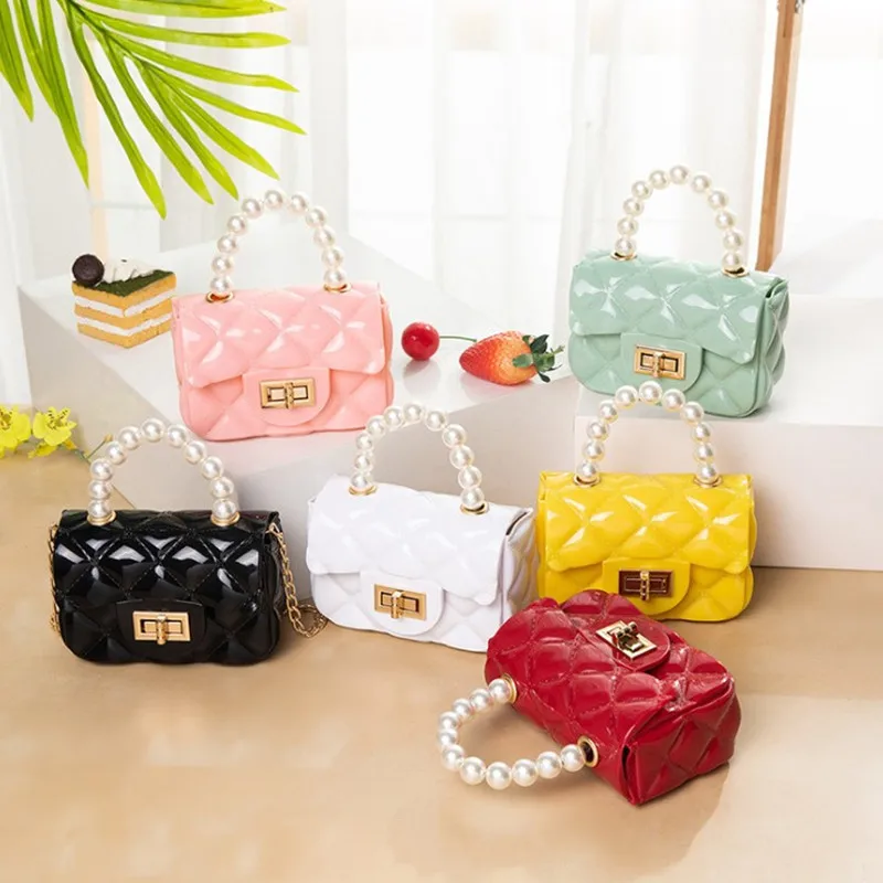 

New Fashion Mini Luxury Cute Pearl Handle Crossbody Small Girl Jelly Square Bag Handbags, Accept customizable color