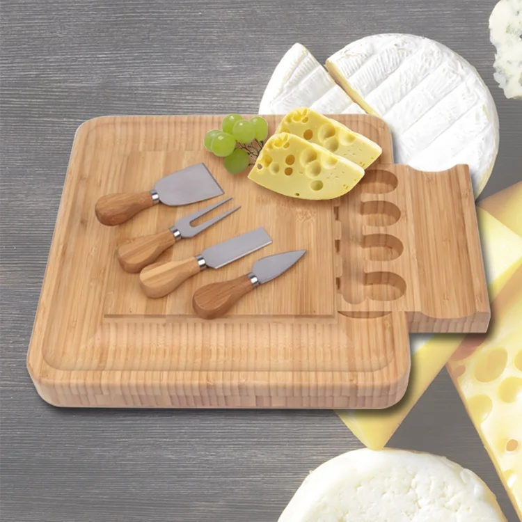 2019  hot sales bamboo cheese platter board 4pc cheese knife set square cheese board