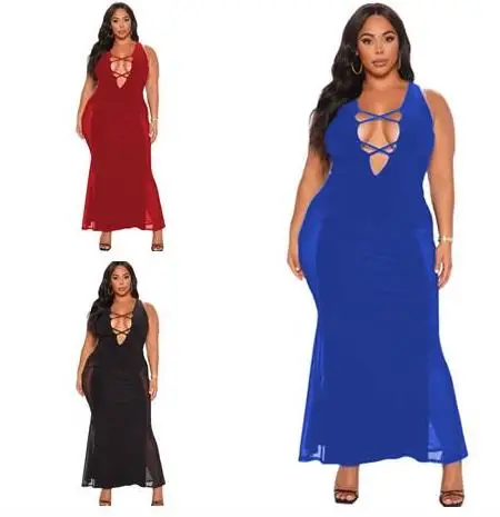 

DUODUOCOLOR Summer fashion solid color gauze splice vest skirt women clothing plus size hollow out dresses D10484