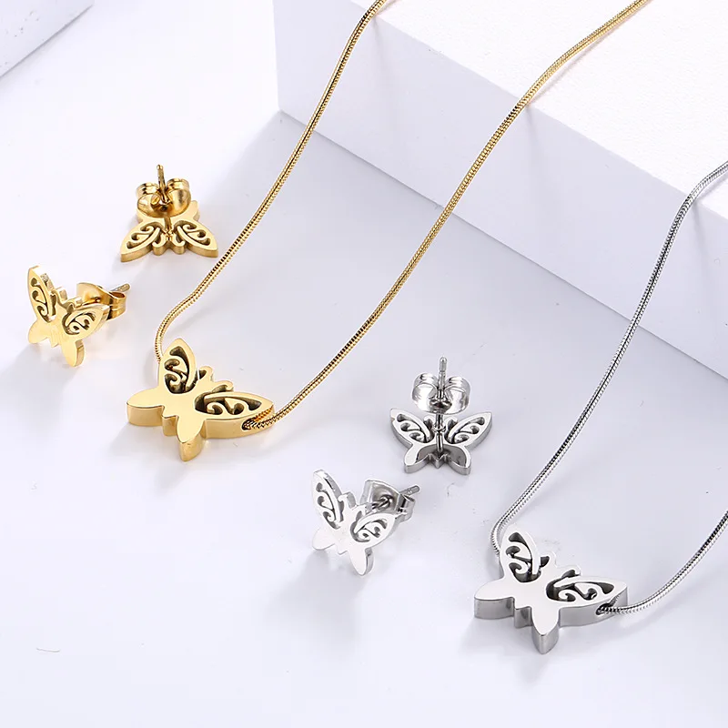 

Titanium steel earrings women gold plated jewelry set butterfly necklaces