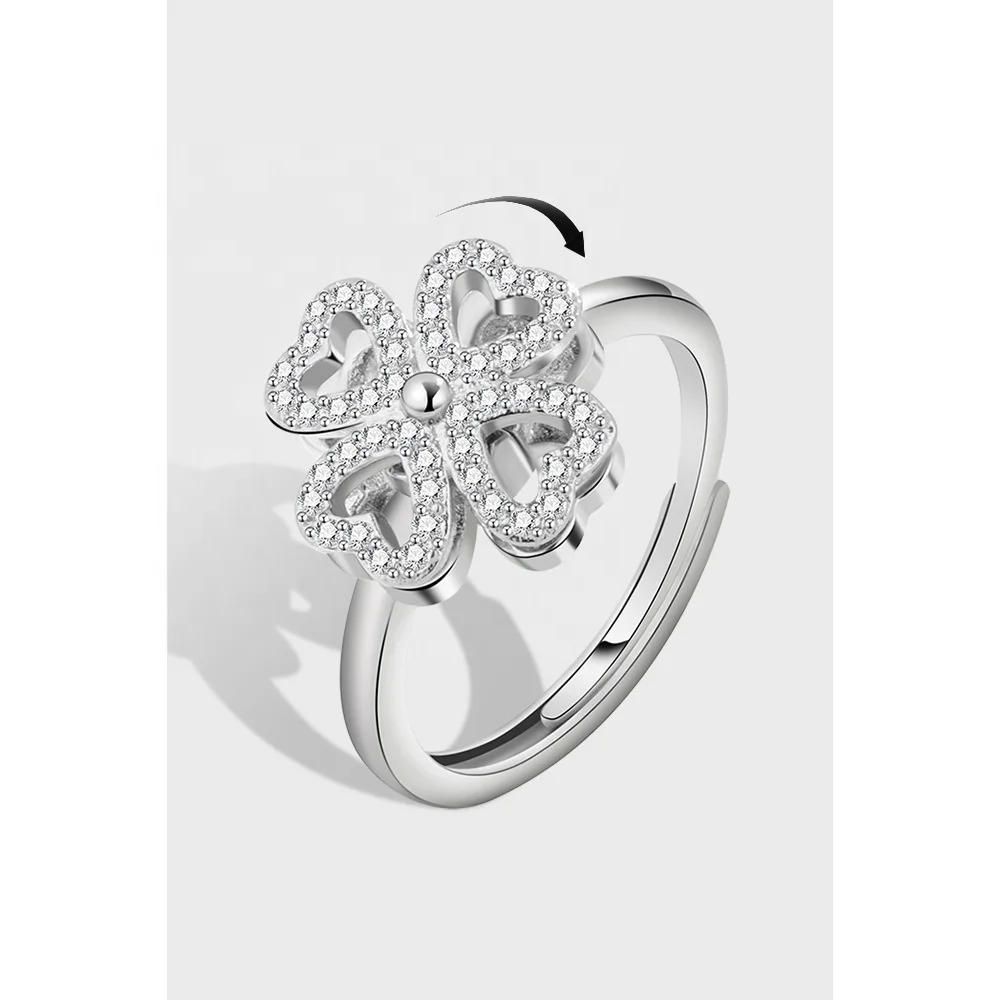 

Anxiety jewelry 925 sterling silver 18k gold plated rotating four leaf clover ring