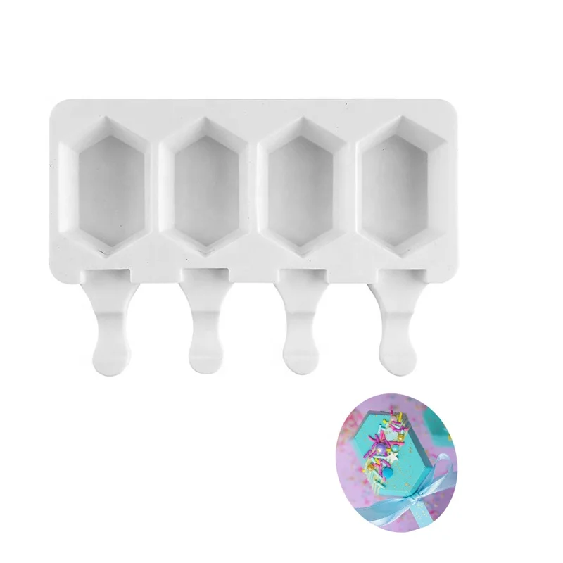 

New Design 4 Cavity Hexagon Octagon Gem Cakesicle Molds Triangle Paw Shape Silicone Ice Cream Mold DIY Popsicle Mold, White