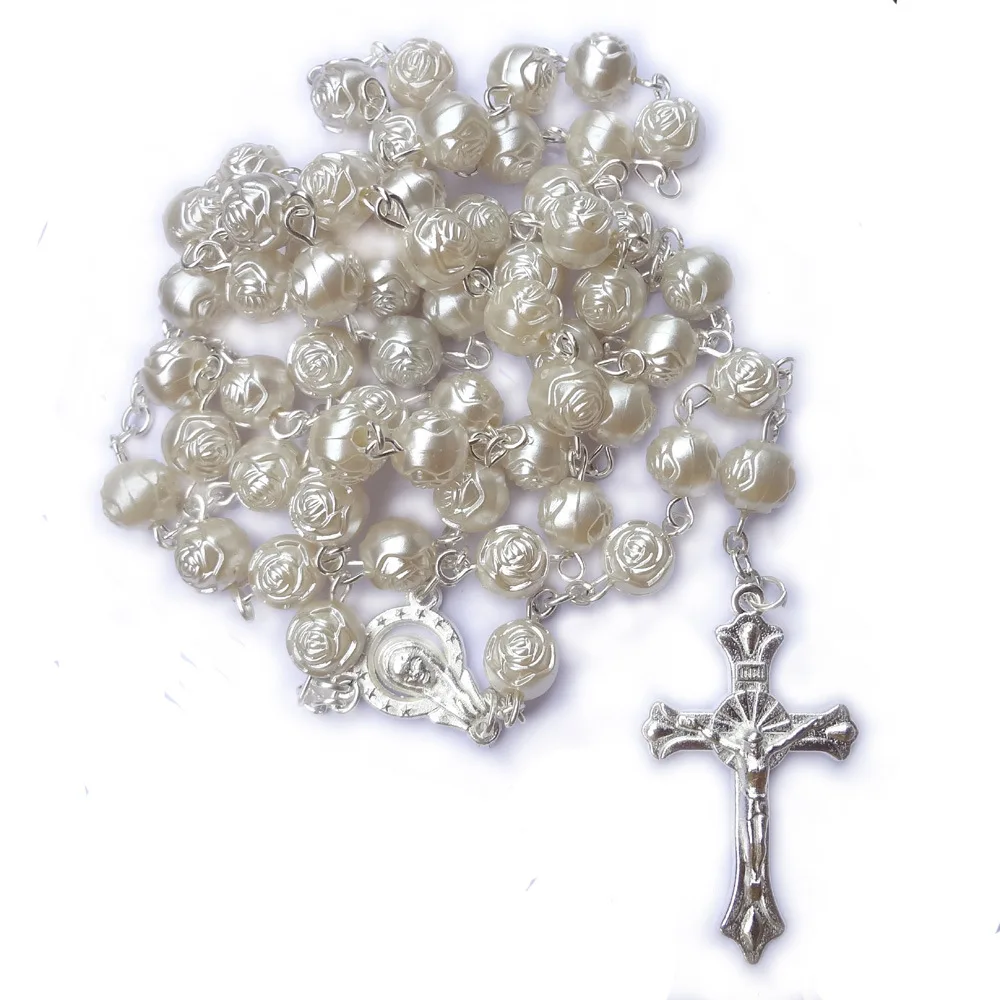 

Wholesale Catholic White Rose Flower Beads 8mm Rosary Necklace for Prayer Sweater Chain Beads