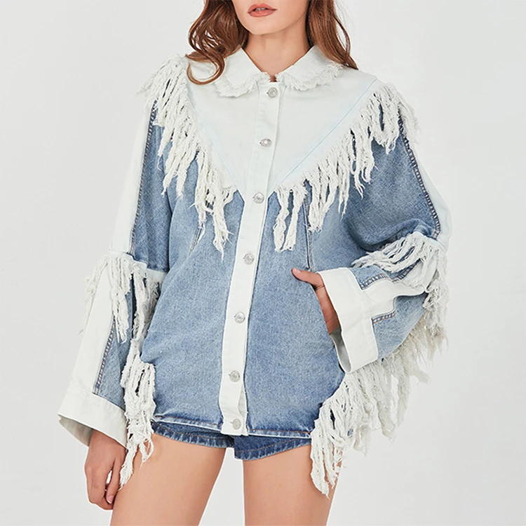 

2022 New Arrival Patchwork Tassel Jacket Coat Outwear Button Loose Streetwear Jacket Winter Denim Ladies Jackets, Mix color is available