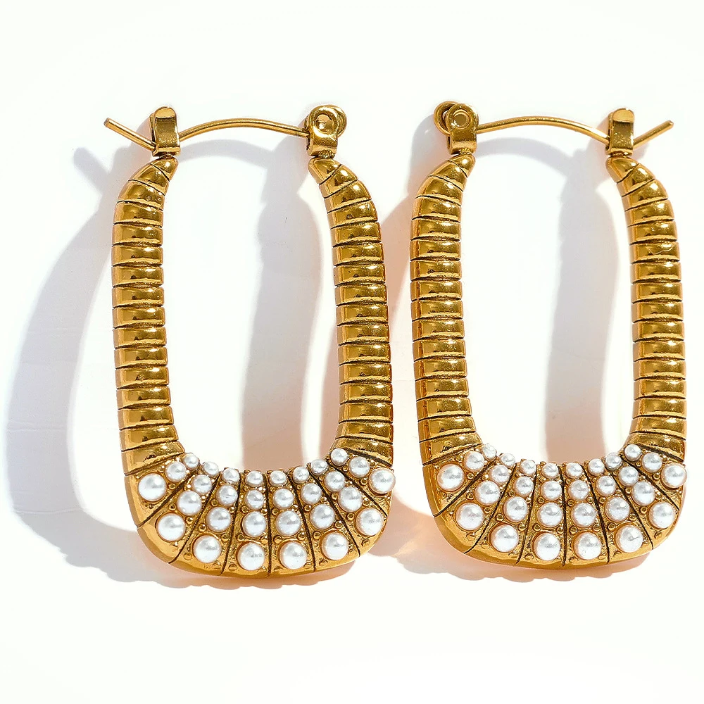 

JINYOU 1489 Rectangle Hoop Earrings Stainless Steel 18K Gold Color Artificial Pearls Metal Hollow Unique Fashion Vintage Jewelry