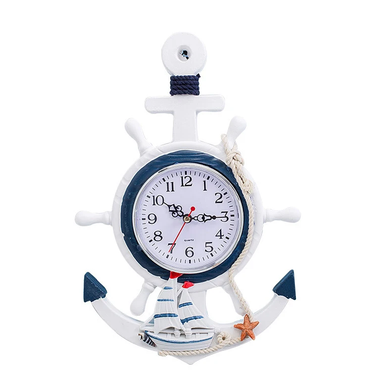 High Quality Resin Mediterranean Style Anchor Clock Beach Sea Theme Nautical Ship Wheel Rudder Steering Wheel Decoration