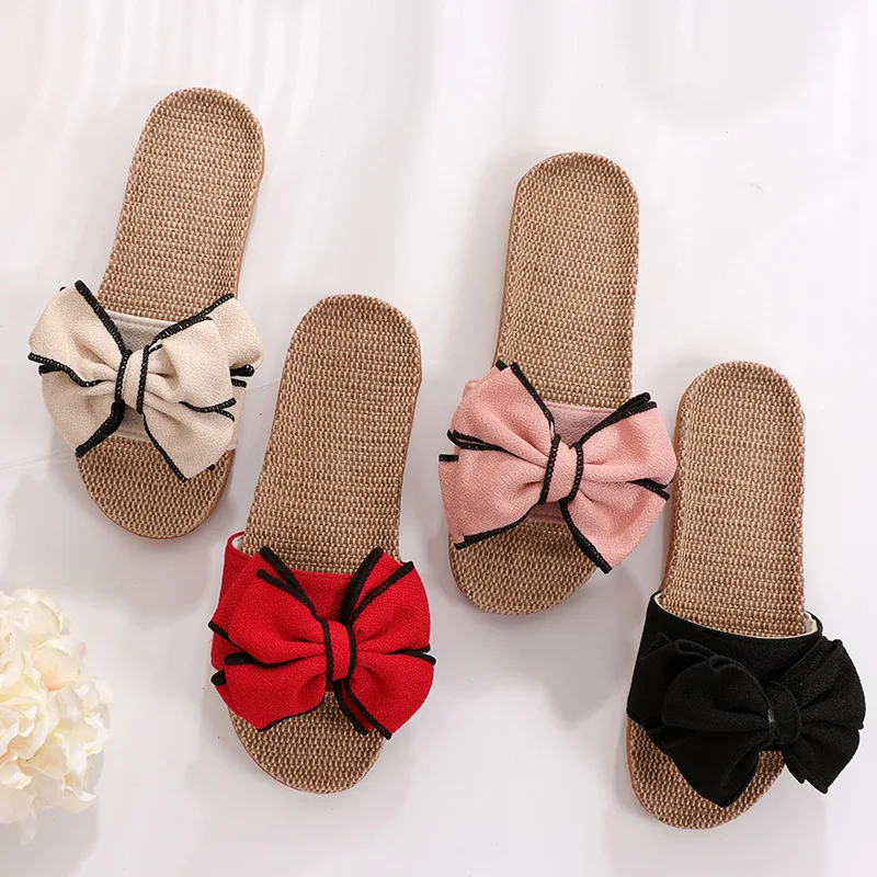 

2020 New Home Bow Slippers Lady Summer Cool Eva Slippers Women Linen Belt Slides Female Sandals Flip Flops