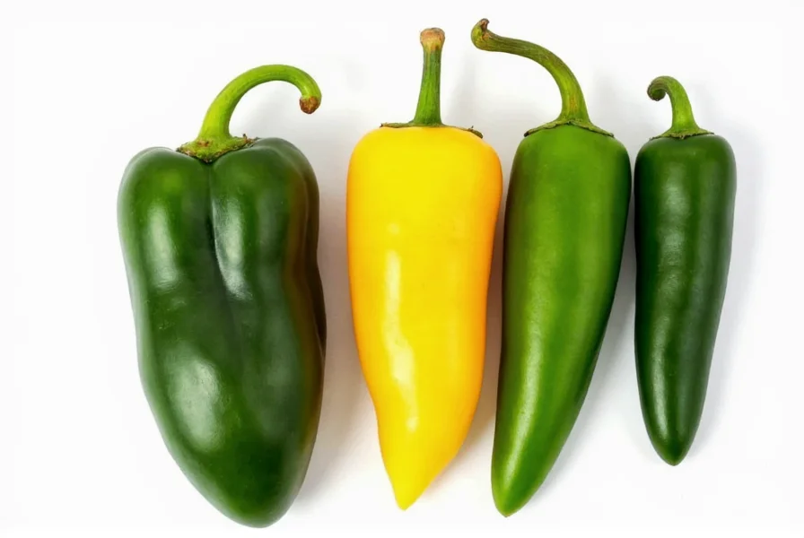 Close-up comparison of poblano pepper next to Anaheim, bell pepper, and jalapeño showing size and color differences for substitution reference