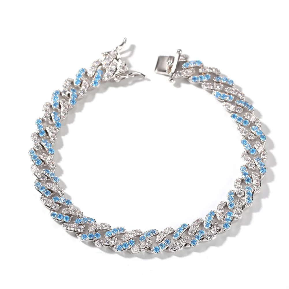 

Hotselling Luxury Men's Hips Hops 8mm Iced Out Bling Bling Clear Blue Zircon Cuban Chain Bracelet, As picture shows