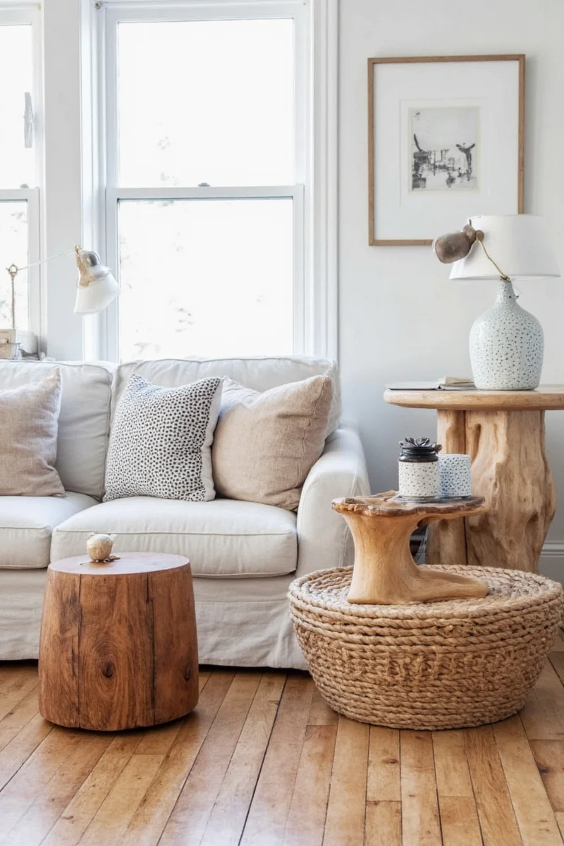 Small family-friendly living room with neutral tones and soft furniture