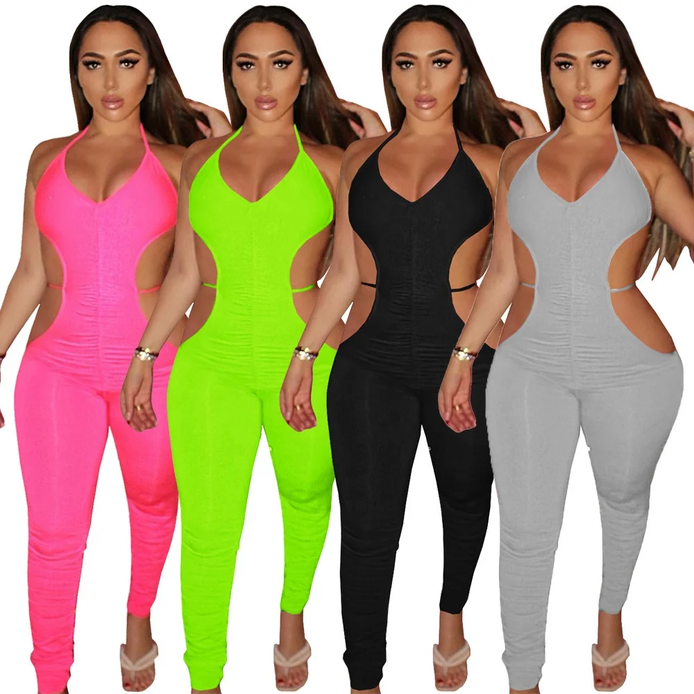 

QC-L8166 New 2021 hollow out pleated sexy summer outfits women clothes solid bodycon halter backless one piece jumpsuit