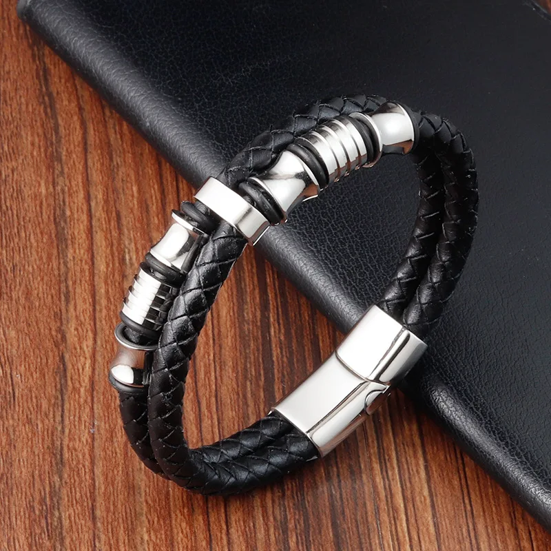 

Classic Snap Button Black Cowhide Bracelet Leather Braided Bracelet Double Layered Stainless Steel Men Hand Bracelet Geometric