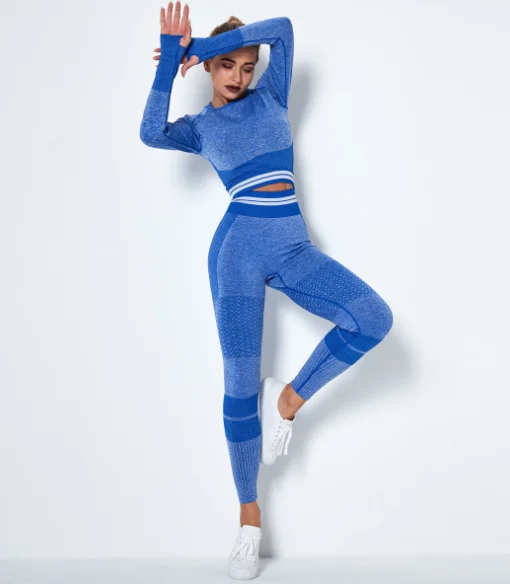 

Foreign Trade Top Selling Knitted Seamless Long Sleeve Sport Set Custom Women Striped leggings Two Piece Quick Dry Yoga Suit