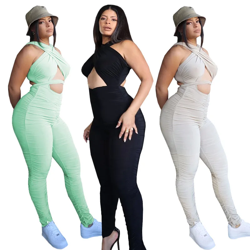 

QZ-SY9078 New arrivals sexy backless long jumpsuit pleat women's halter neck bandage jumpsuit cut out rompers for ladies