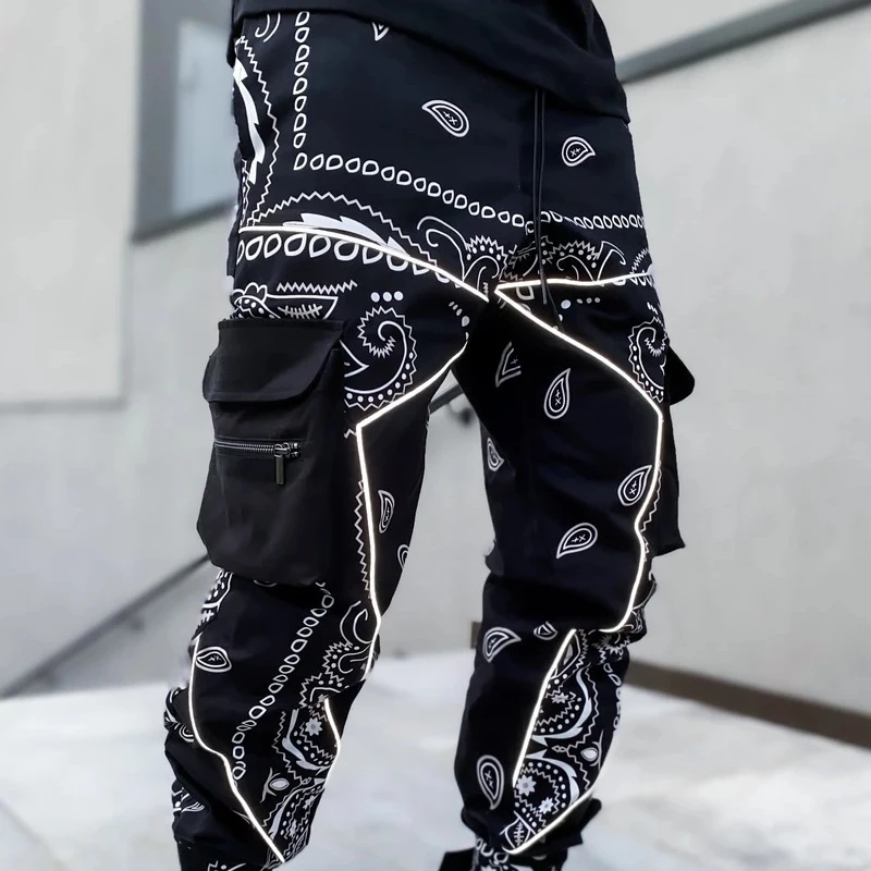 

2020 European and American printed hip hop harem pant men's loose high street multi-pocket overalls trouser for mens