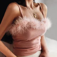 

2020 Women pink cotton slash neck spaghetti straps sexy crop tank top with fur