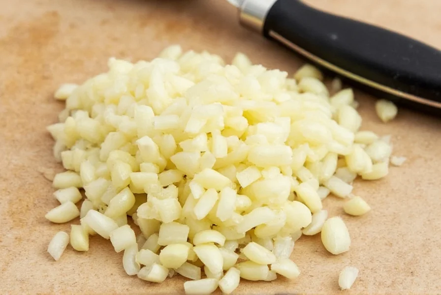Close-up of freshly minced garlic in measuring spoon next to whole garlic cloves
