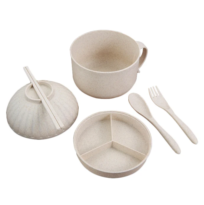 

Round beige japanese biodegradable microwave safe plastic wheat straw ramen noodle bowl with handle chopsticks and spoon set