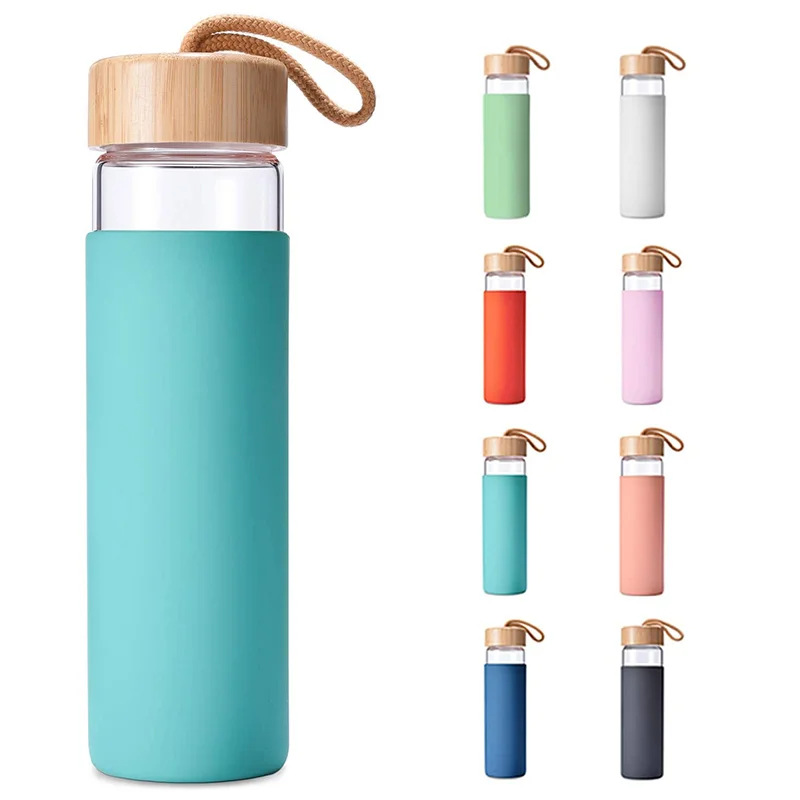 

16oz 500ML BPA-Free Dishwasher Safe Borosilicate Glass Water Bottle with Blue Color Protective Silicone Sleeve and Bamboo Lid, Customized color