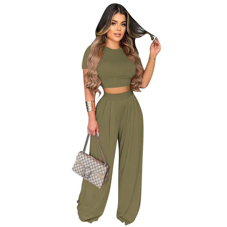 

two-piece set, 2021 cute 4colors crop top with wide leg pants 2 piece summer clothing set, Black