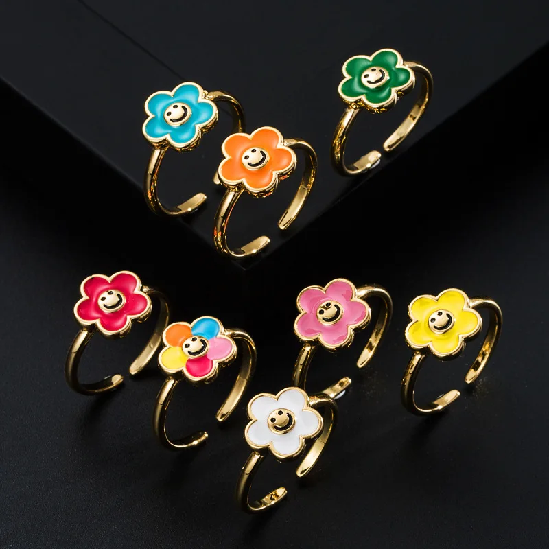 

New Trendy 18K Gold Plated Colorful Oil Drip Flower Rings Multi Color Enamel Smile Open Rings For Women Girl