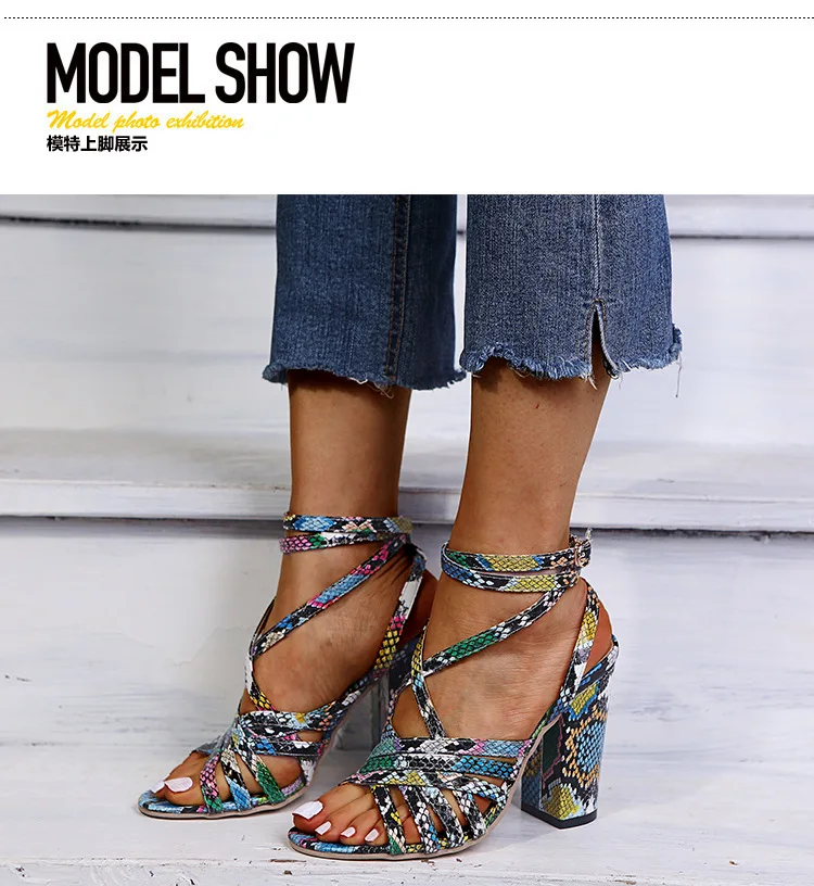 

Summer new style cross-snake-print thick-heeled women chunky high heels sandlas