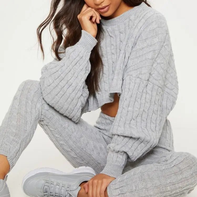 

Women's Grey Cable Knit Crop Jumper Wool Sweater Long Pants Joggers 2 Piece Set Rib Knit Two Piece Set, As your requirement