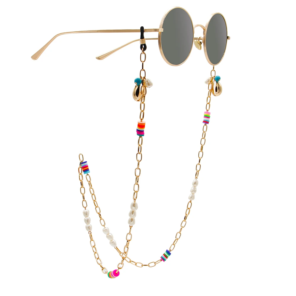 

trendy multi color rubber sheet bead metal eyeglass chain cord custom sunglasses chains with gold shell classic pearl, As shown or customized