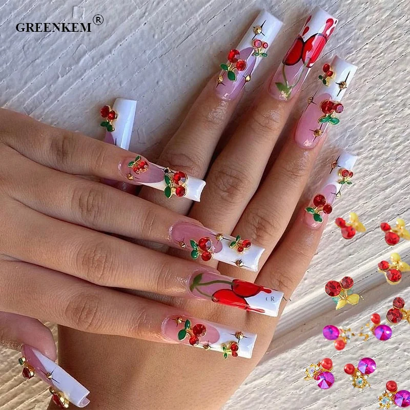 

GREENKEM Custom Box Pink Sweet Cherry Girl Star Glass Diamond Alloy Nail Art Charms for DIY Summer Nail Art Accessories