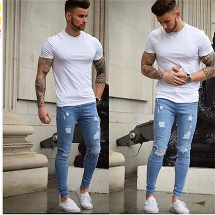 

Wholesale Custom LOGO men's casual skinny jeans destroyed frayed slim fit stretch ripped denim pantalon jeans homme pas cher, Customized color