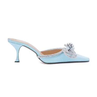 

Luxury Brand Mach Rhinestone Bow Low Heel Women Slide Shoes, Light blue/white