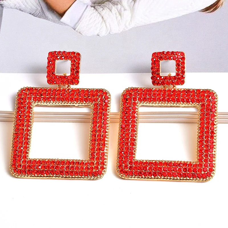 

Kaimei Europea accesories for woman za square full diamond earrings ear jewelry big red rhinestone crystal statement earring, Many colors fyi