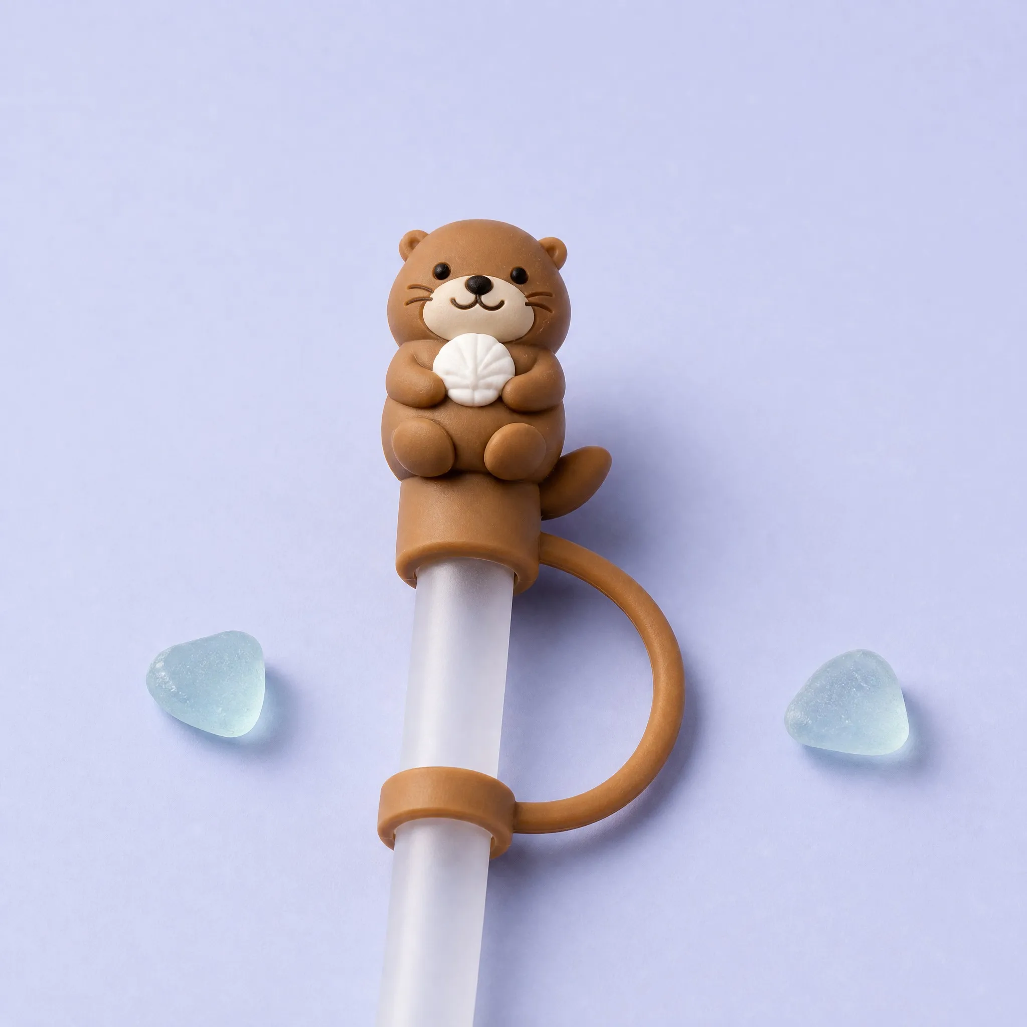 Cute Sea Otter Holding Shell Silicone Straw Cover Detail