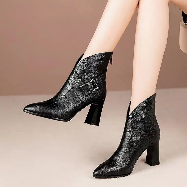 

Shoes Women Ankle Boots Sexy High Heels Point Zipper leather Short Winter Boots Ladies Fashion Boots, Black,grey