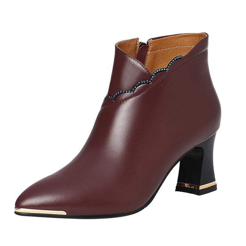 

K248 Pointed toe spring and autumn boots women shoes genuine leather high heels ankle boots, Black/wine red