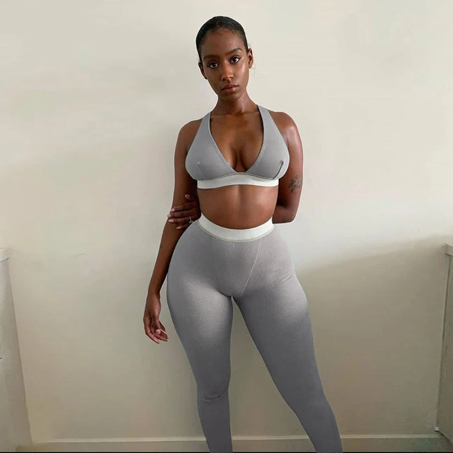 

ZM BS1737809 Sport Set Tops And Pants Female Clothing Tracksuit Outfits Fashion Casual Ribbed Bra Women Two Piece Set