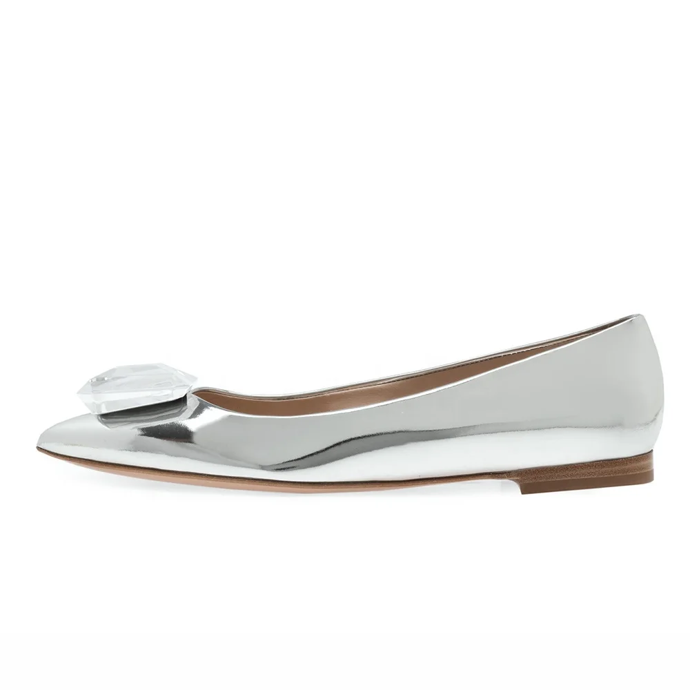 Luxury Silver Patent Leather Jeweled Gemstone Bridal Ballet Flats in Bulk Flat Wedding Shoes for Bride
