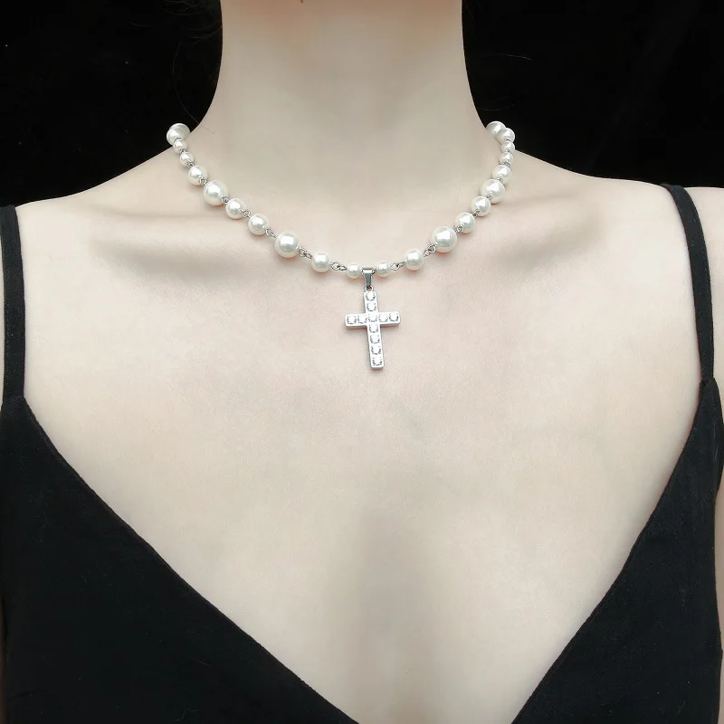 

KN10A Trending Jewellery Women Chain Custom Necklace Zircon Silver Choker Cross Pearl Beaded Necklace, Picture shows